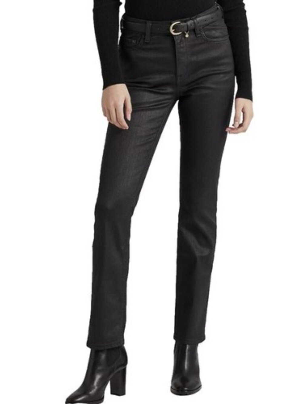 NWOT Ralph Lauren Comfort Stretch High Rise Straight Ankle Coated Black Jeans 2